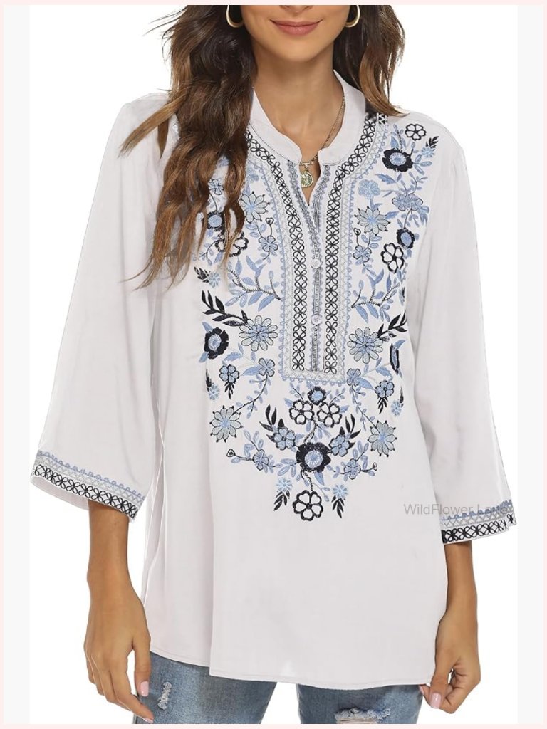 Embroidered V-Neck 3/4 Sleeve Tunic Peasant Blouse Loose Fit